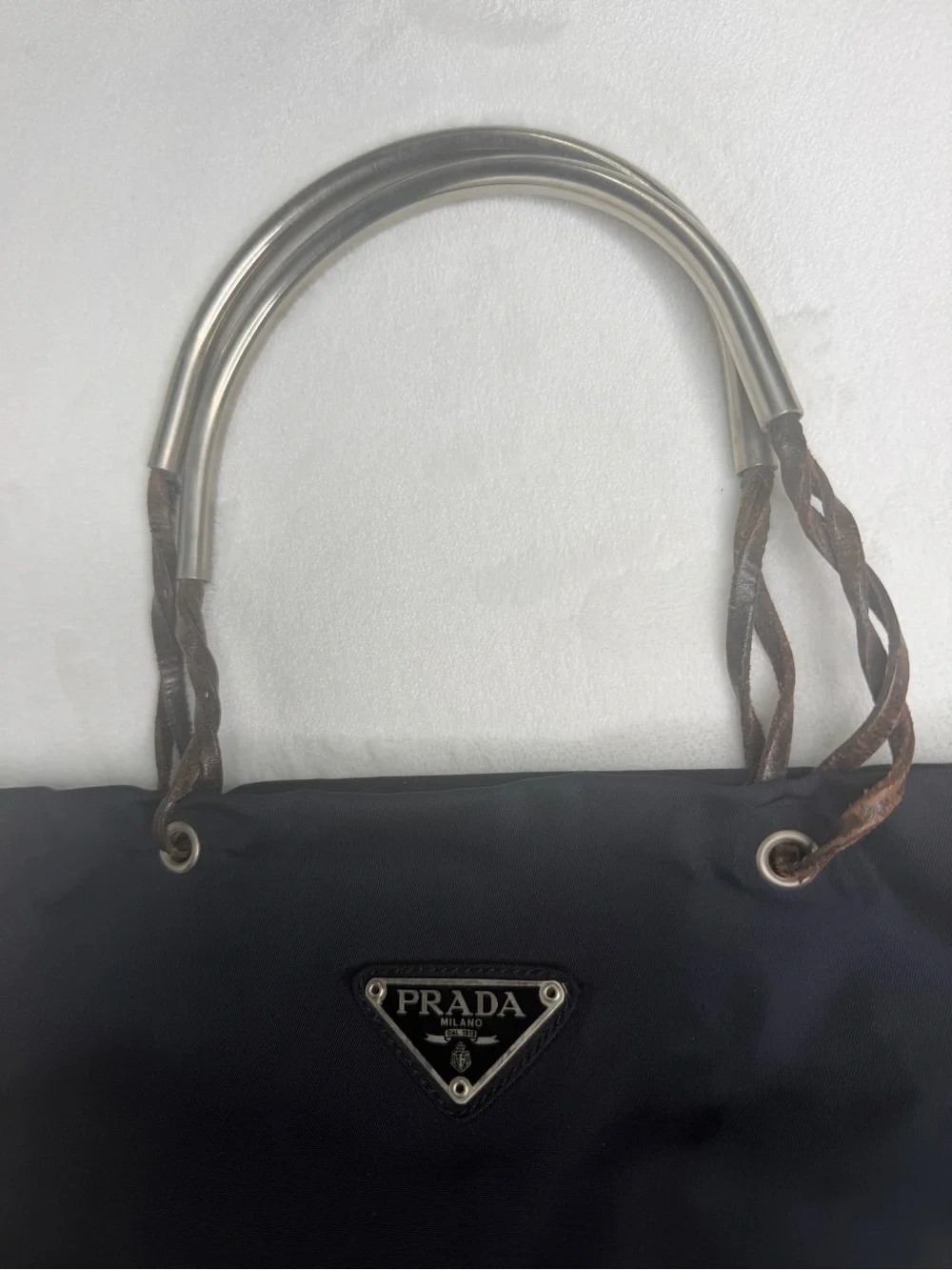 Prada Ring Handle Tote with Brown/Silver Handles